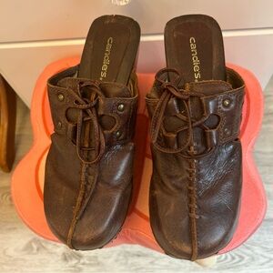Candie's Brown Leather Mules with Lace-Up Design